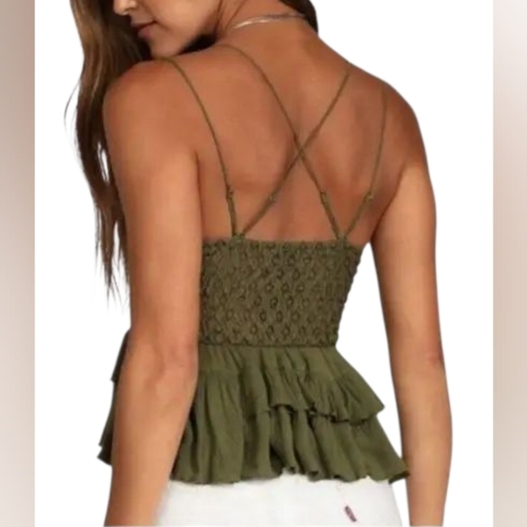 Free People Adella Cami Olive Green Lace Ruffle Top - Picture 3 of 12